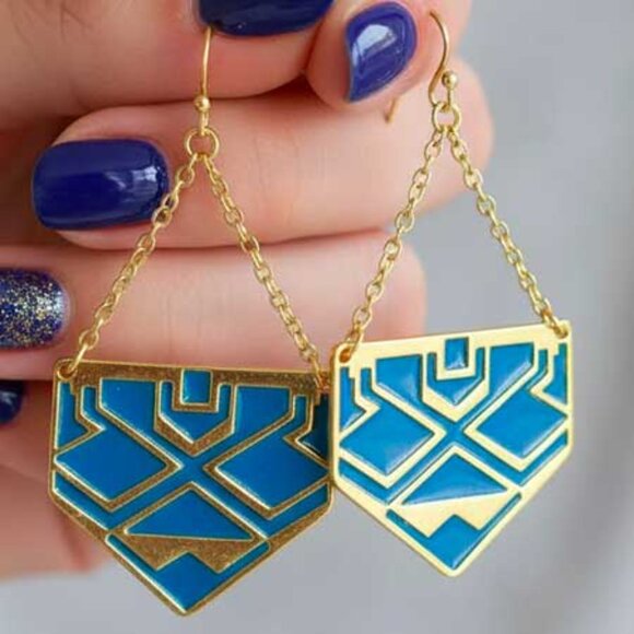 2/$21 Ladies Blue Gold Aztec Dangle Earrings - Picture 3 of 8